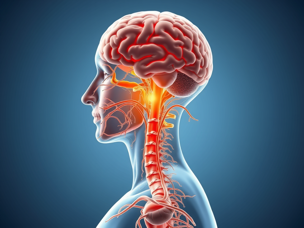 Illustratie van de menselijke hersenen en het zenuwstelsel, met nadruk op de nervus vagus, die de verbinding tussen de hersenen en vitale organen laat zien.